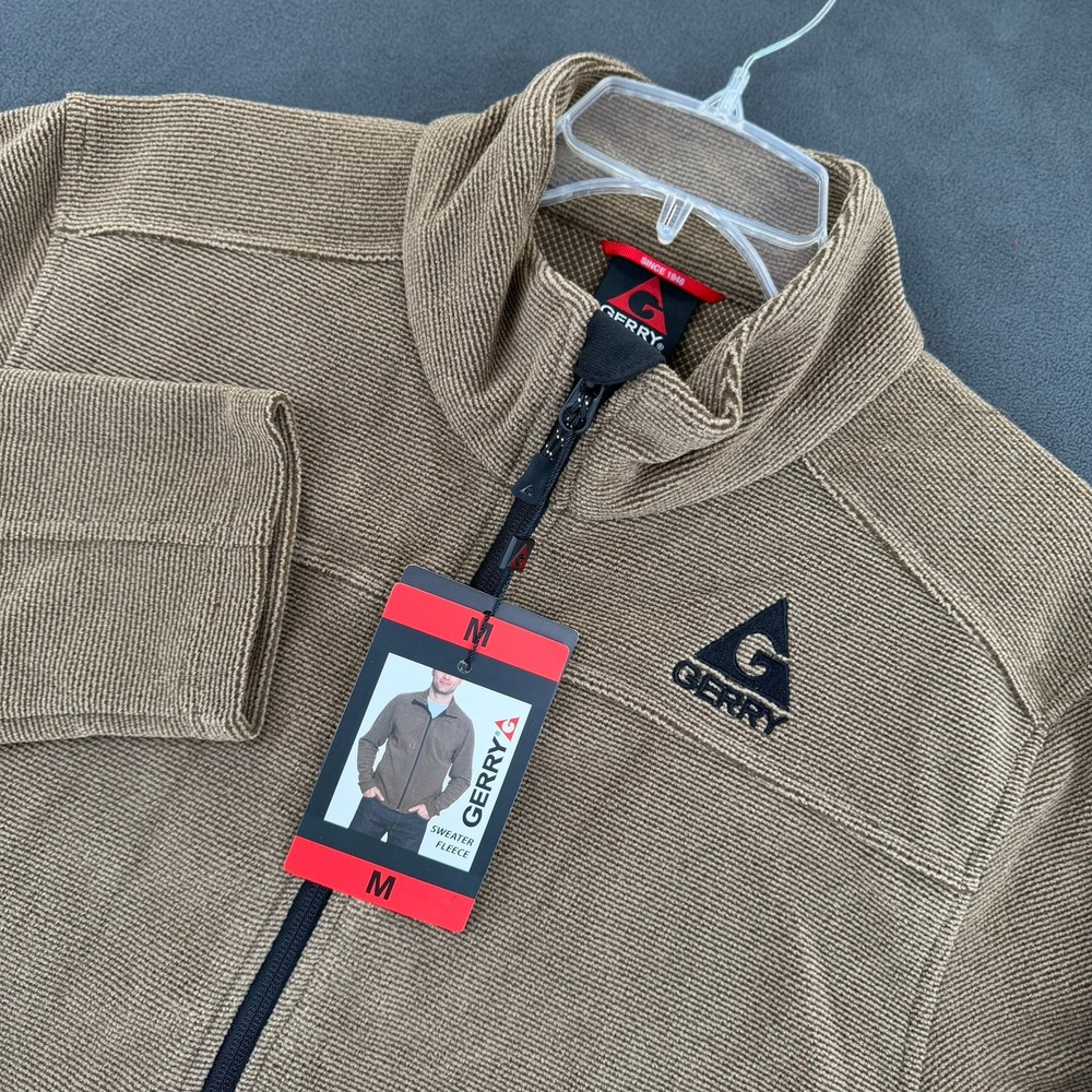 Gerry Mens Sweater Fleece Jacket Tan Brown Full Zip Mock Neck Medium 1139586